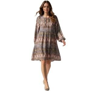 Anthropologie Sunner Shift Dress XS Brown Silk Floral Peasant Boho Cottagecore